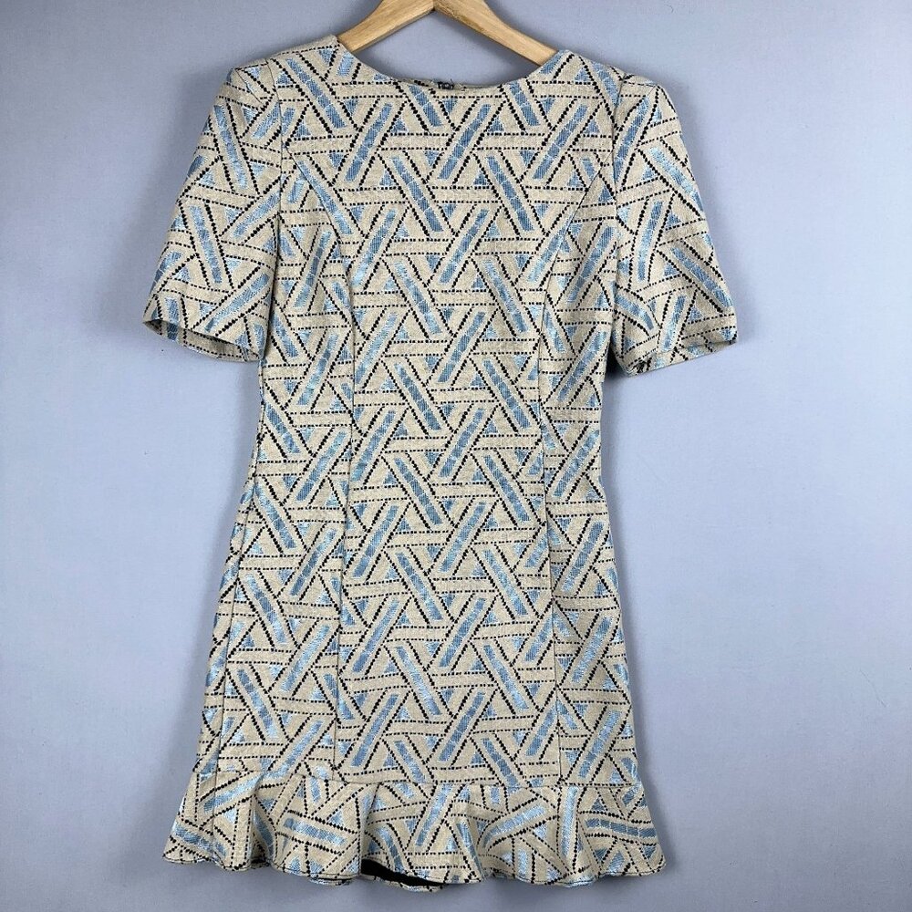 Marfa Geometric Mini Dress Womens Size M Lined Peplum Hem Puff Sleeve Tan Blue
